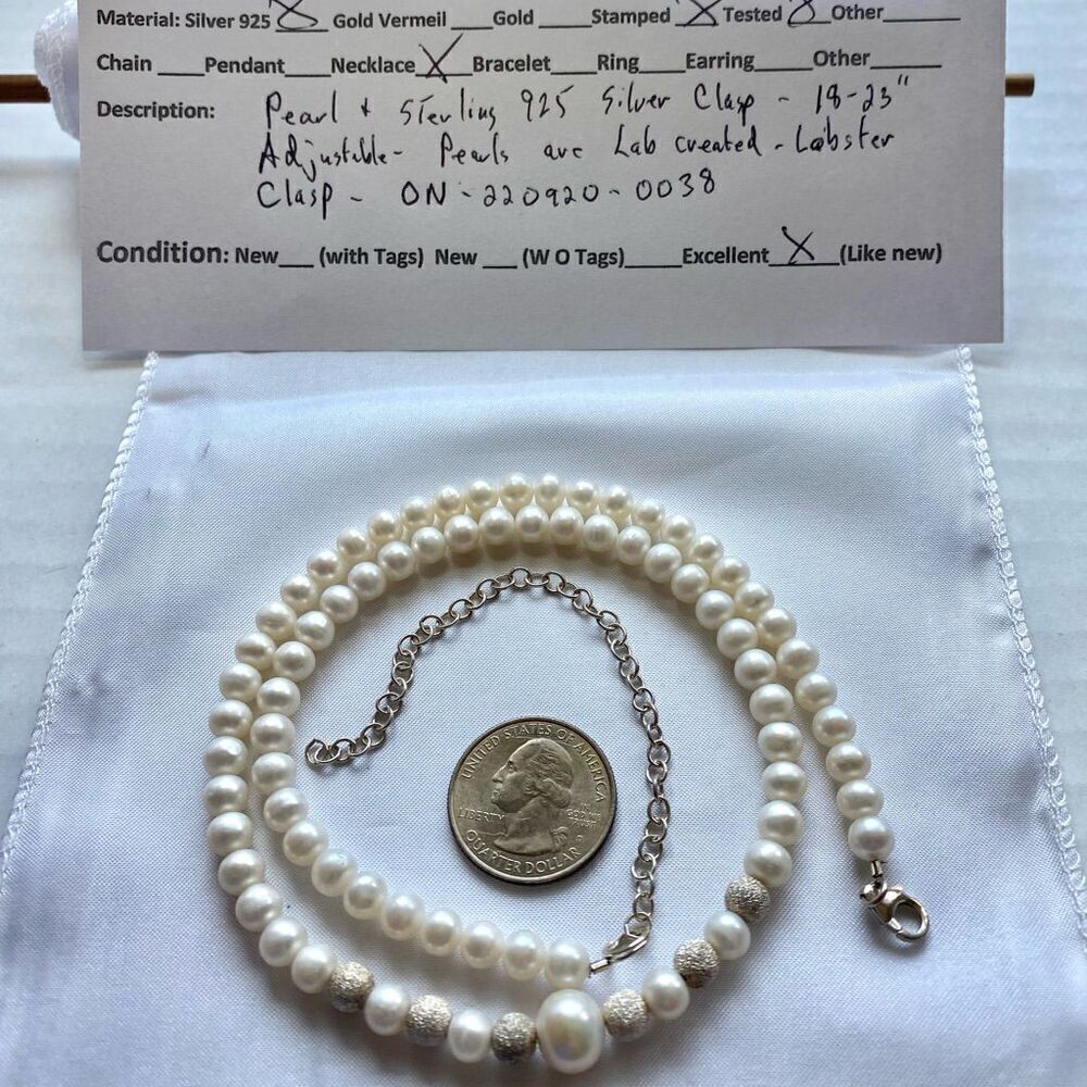 ON# Adjustable 18” - 23” Pearl Necklace with Silver clasp - Picture 7 of 8